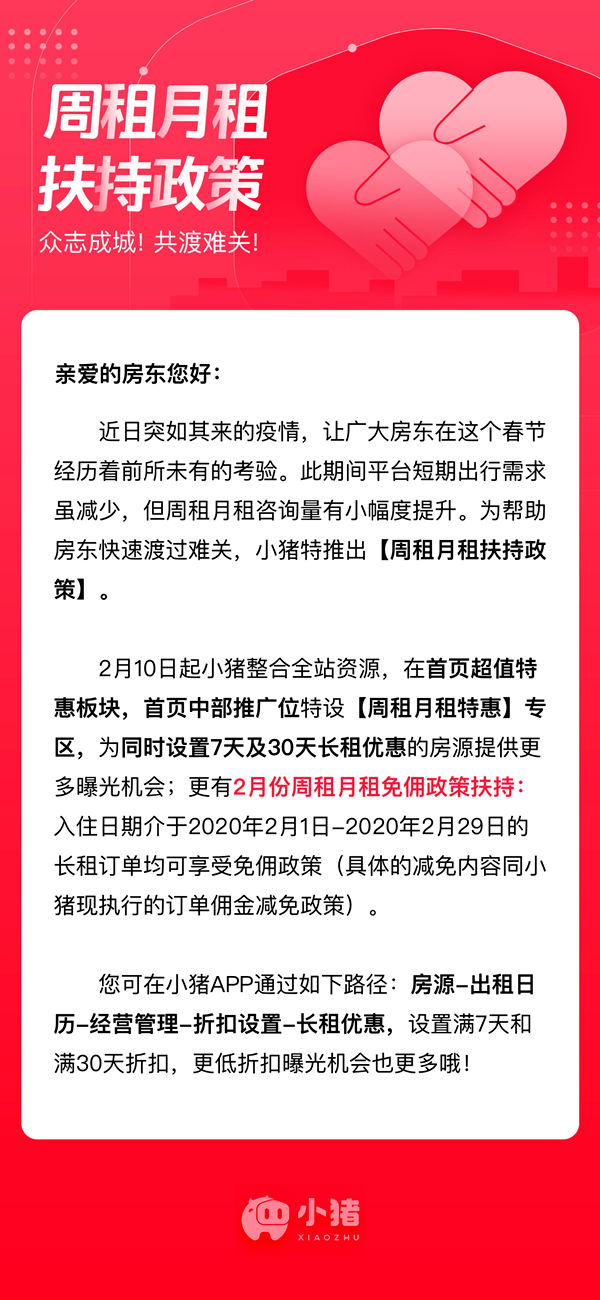 小豬短租周租月租扶持政策