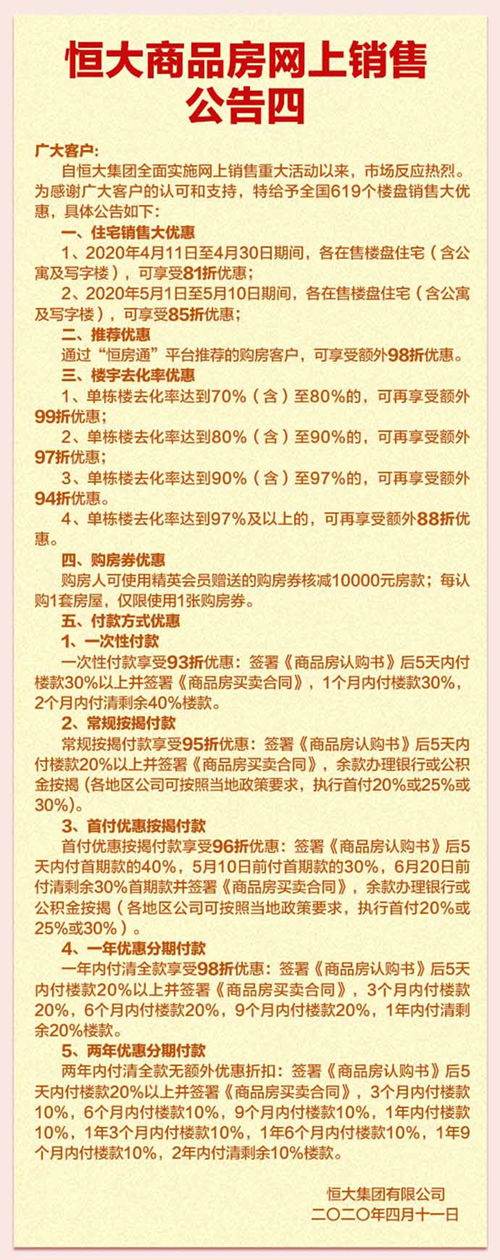 恒大全國樓盤降價促銷公告